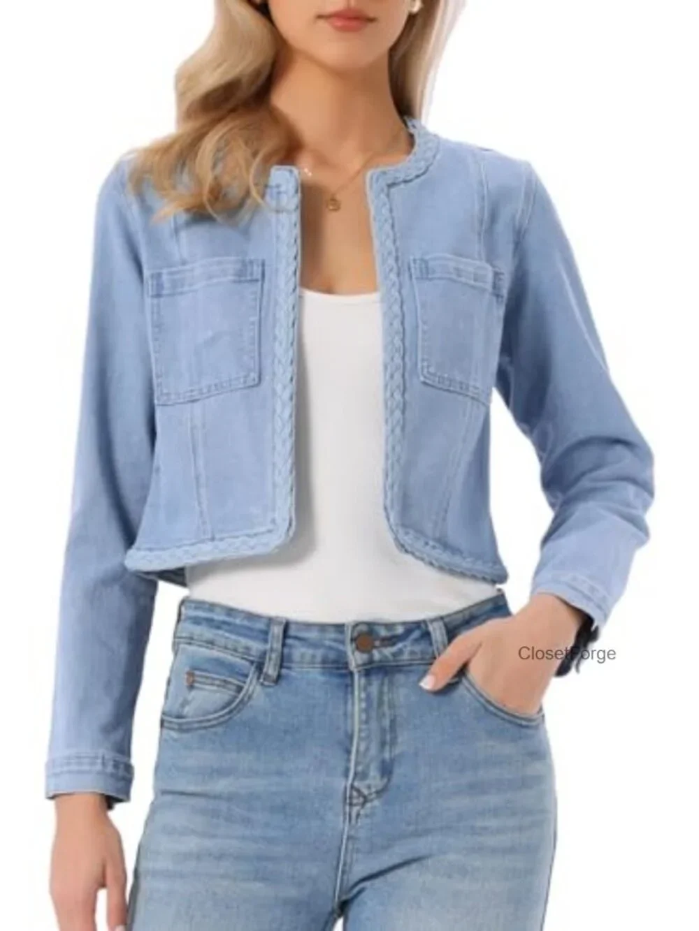 Collarless Denim Jacket - Cropped Long Sleeve Open Front